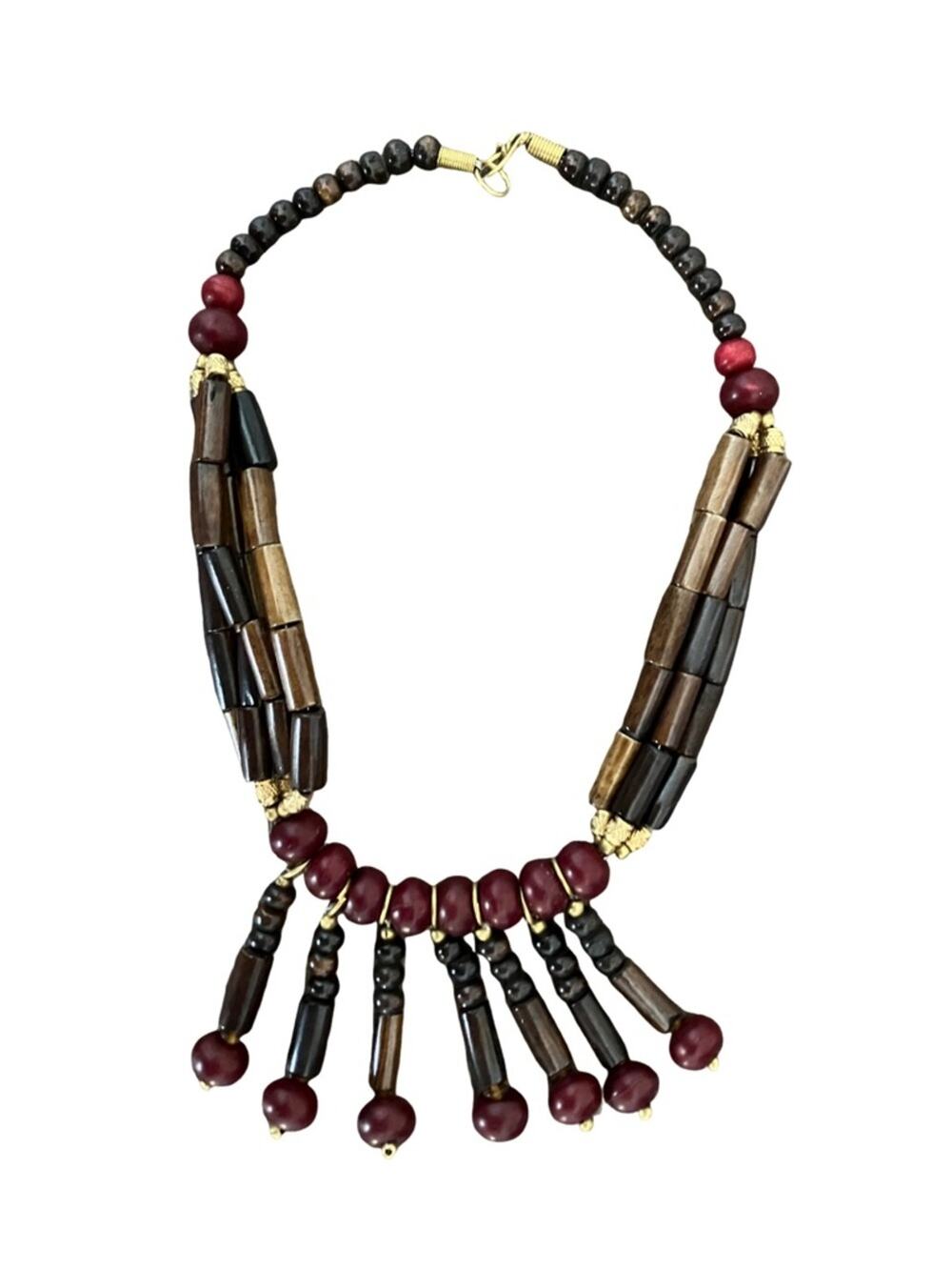 Boho Wooden Fringe Necklace in Brown & Burgundy